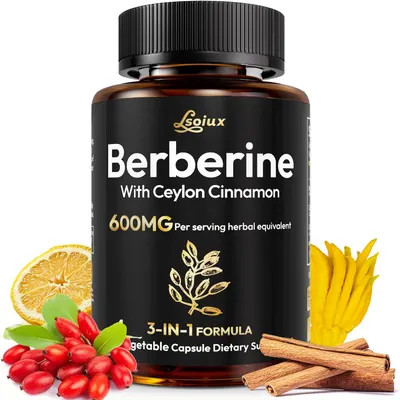 Clearly displays the product packaging to show the supplement name, ingredients, and dosage information. Includes images of cinnamon sticks, berries, and…