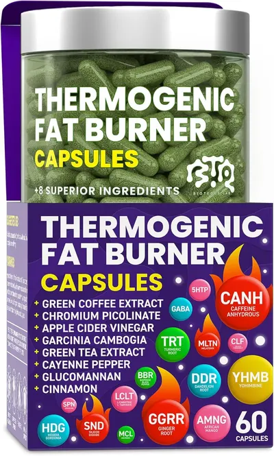 Displays the product packaging and capsules to highlight the supplement's appearance and ingredients, while emphasizing its thermogenic fat burning properties.