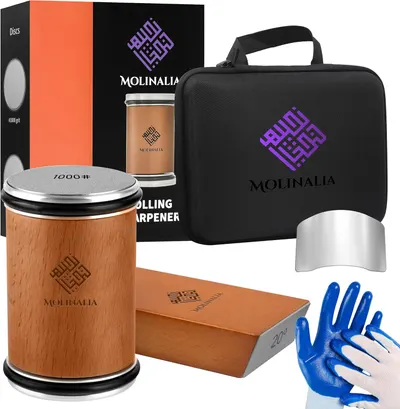 Shows all components included in the knife sharpening kit, highlighting the comprehensive nature of the product. Displays the product's packaging and storage case to emphasize brand identity and…