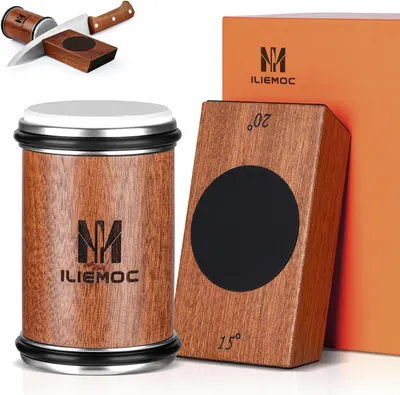 Showcases the complete knife sharpening kit including the sharpening block, container, and knife to demonstrate the full product offering. Displays all included components of the knife sharpening…