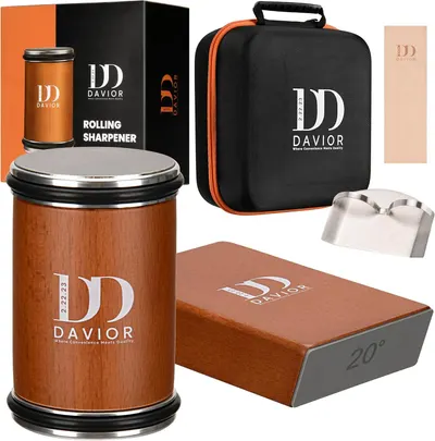 Shows all components of the knife sharpening kit to demonstrate the comprehensive nature of the product. Displays the product's high-quality packaging and strong branding to convey a sense of…
