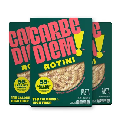 Showcases the product packaging while highlighting key nutritional benefits of low carbs and high fiber.