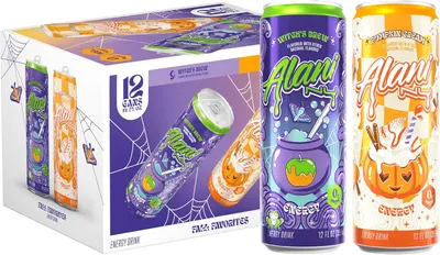 Showcases the product packaging and variety of flavors available in a Halloween-themed energy drink pack. Displays two different seasonal flavors (Witch's Brew and Pumpkin Cream) to highlight…