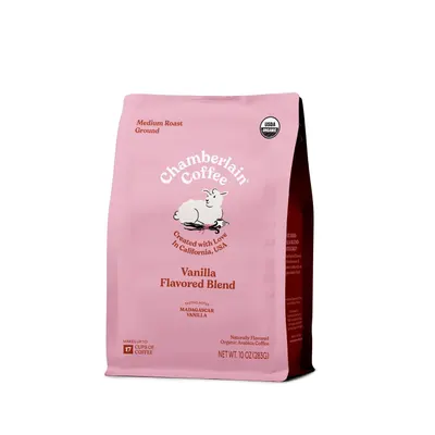 Showcases the product's packaging design and highlights the specific vanilla flavor variant of the coffee blend.