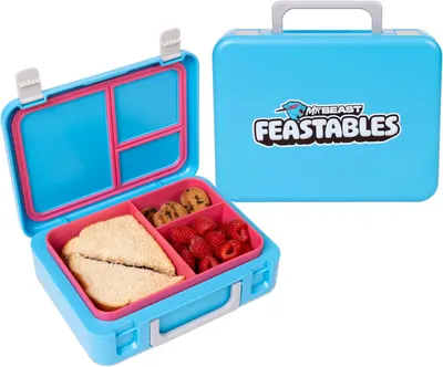 Showcases the product's multiple compartments and compact design for organized meal packing. Displays the product's branded exterior to establish brand identity and highlight the product name.