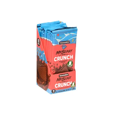 Shows the retail packaging of MrBeast Crunch bars, emphasizing the product's branding and quantity available.
