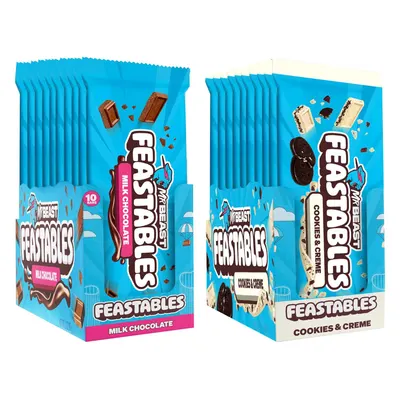 Showcases two different flavors of the Feastables chocolate bars to highlight product variety. Displays the retail packaging of the chocolate bars to familiarize customers with the product appearance.