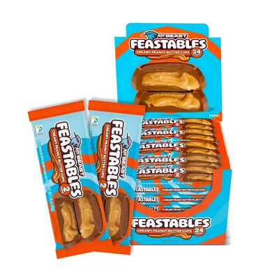 Shows the product packaging and individual wrapped items to highlight the quantity and convenience of the product. Displays a cross-section of the peanut butter cup to showcase the creamy filling…