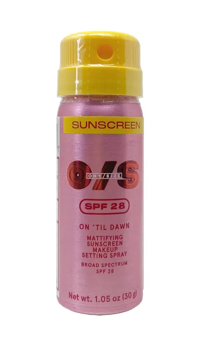 Showcases the product's packaging and key features like SPF level and multifunctional use as sunscreen and makeup setting spray.