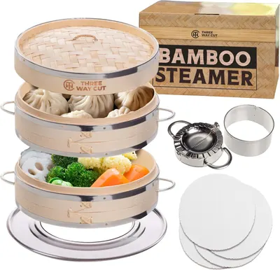Dumpling Bamboo Steamer 10 Inch 2 Tier Wooden Basket With Handle