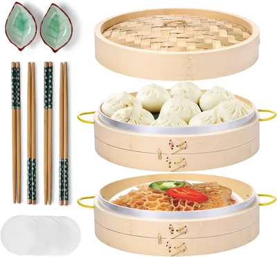 MacaRio Bamboo Steamer Basket Set 10 inch Steamer for Cooking