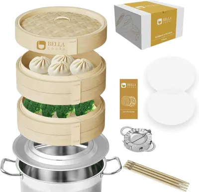 𝐁𝐄𝐋𝐋𝐀 𝐂𝐎𝐎𝐊𝐒 Bamboo Steamer 11-inch 2 Tier Dumpling Bamboo Steamer…