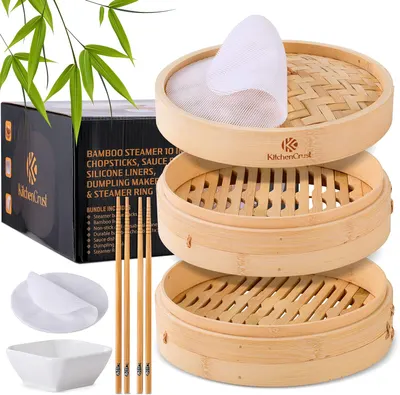 Showcases the complete bamboo steamer set with all included accessories to demonstrate the product's value and components. Displays all the individual parts…