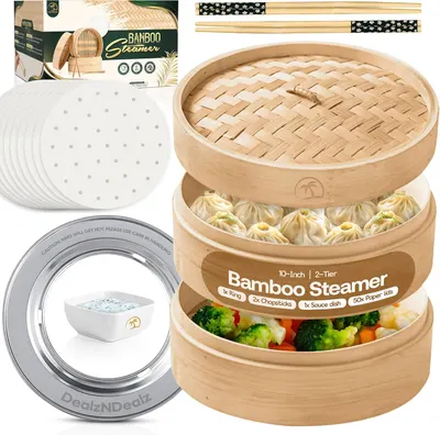 Main Images for UPGRADED Bamboo Steamer Basket 10-Inch 2-Tier with handle|1x Stainless Steel Ring|2x…