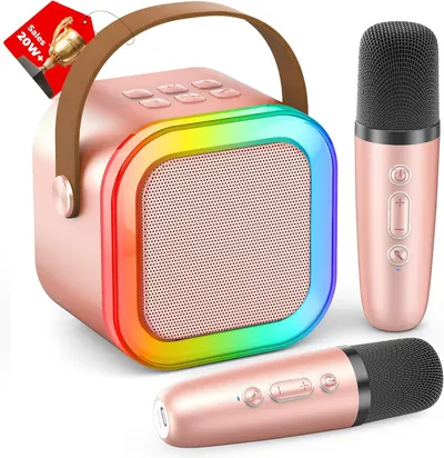 Showcases the complete karaoke set including the speaker and microphones, highlighting its portability and all-in-one design. Displays all components of the karaoke set to show buyers exactly what…