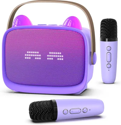 Showcases the main product - a cute, portable Bluetooth speaker with included microphones for karaoke or audio recording. Displays all components included in the purchase - the speaker unit and two…