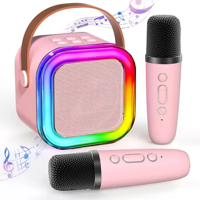 Showcases the complete karaoke set including speaker and microphones, highlighting its portability and fun design. Displays all components of the karaoke set to show buyers exactly what they will…