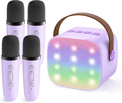 Showcases the complete karaoke set including wireless microphones and a portable speaker with LED lights. Displays all components of the karaoke system to show buyers exactly what they will receive.
