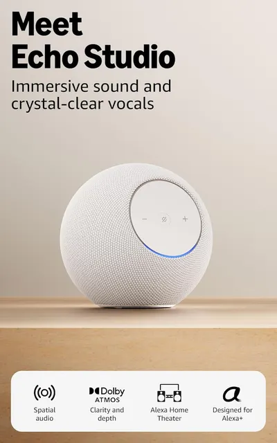 Showcases the Echo Studio smart speaker, highlighting its immersive sound capabilities and clear audio quality.