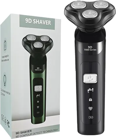 Showcases the product's design with three rotary shaving heads and control panel, highlighting its advanced features. Displays the product alongside its retail packaging to establish brand identity…