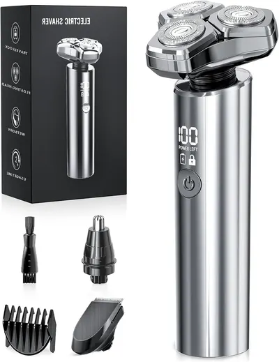 Showcases the main electric shaver product along with included accessories to highlight the complete package offered. Displays the various attachments and accessories included with the electric…
