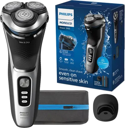 Showcases the Philips Norelco electric shaver's design and key feature of wet & dry use capability. Displays the product packaging to highlight key features and included accessories, reinforcing the…