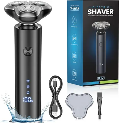 Showcases the main product (electric shaver) along with included accessories to give a complete view of what the customer will receive. Displays all the components included with the electric shaver,…