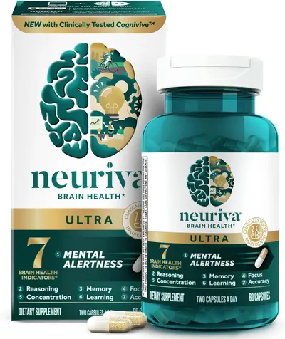 Showcases the product packaging and bottle alongside key benefits to communicate the supplement's focus on brain health and mental performance.