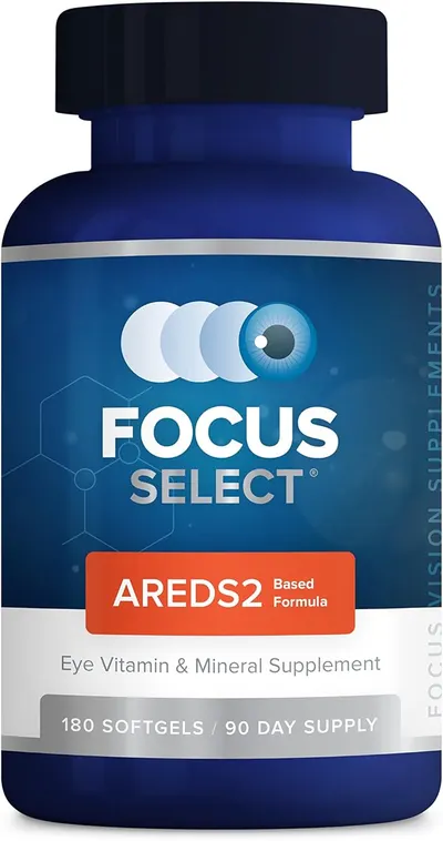 Showcases the product bottle to clearly identify the eye vitamin and mineral supplement being sold.