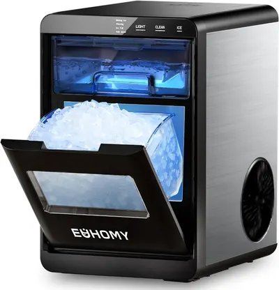 Showcases the ice maker's design and functionality, highlighting its ability to produce ice quickly and efficiently. Demonstrates the ice storage capacity and easy access to freshly made ice.