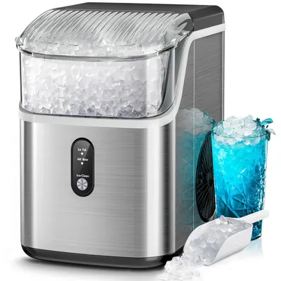 Showcases the ice maker's design and functionality, highlighting its compact size and ability to produce ice quickly.