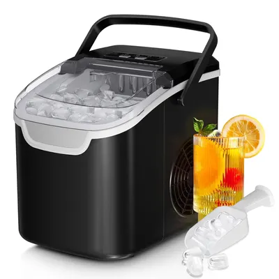 Showcases the compact and portable design of the ice maker, highlighting its convenience for home or travel use. Demonstrates the ice-making capability and included accessories, showing potential…