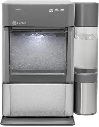 Showcases the full product with its ice making and water dispensing capabilities clearly visible.