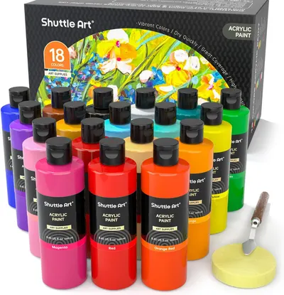 Showcases the full range of acrylic paint colors included in the set, demonstrating the product's versatility and value. Displays the product's retail packaging to establish brand identity and…