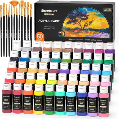 Showcases the full range of acrylic paint colors and included brushes to demonstrate the comprehensive nature of the art supply set. Displays the product packaging to highlight the brand and convey…