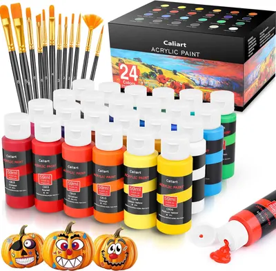 Showcases the full acrylic paint set with brushes, highlighting the wide range of colors available. Displays all components of the art set, including paint bottles, brushes, and product packaging.