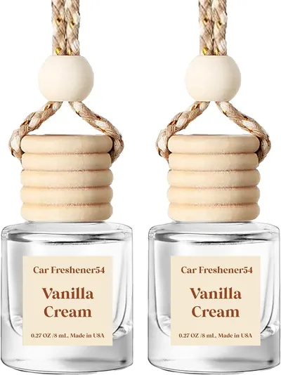 Showcases the product design and packaging of car freshener bottles to highlight their compact size and attractive appearance.