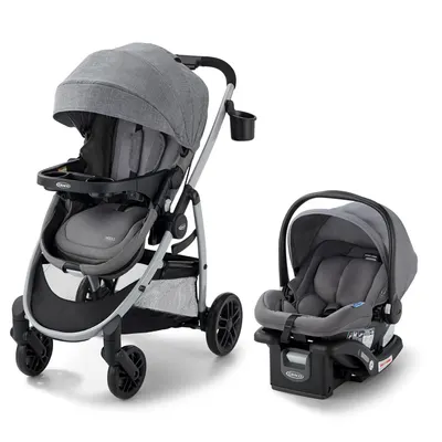 Showcases the complete travel system including stroller and compatible car seat for infant transportation.