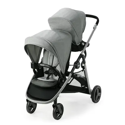 Showcases the full double stroller product against a white background, allowing shoppers to see its design and features clearly.