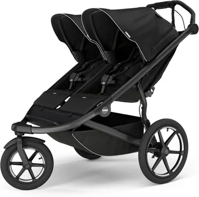 Showcases the full double stroller product against a white background, allowing shoppers to clearly see its design and features.
