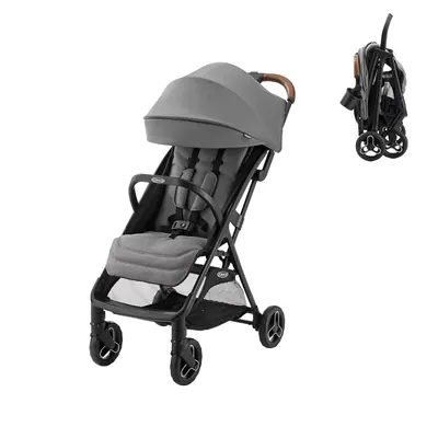 Showcases the full stroller design and its compact folding capability for easy storage and transport.