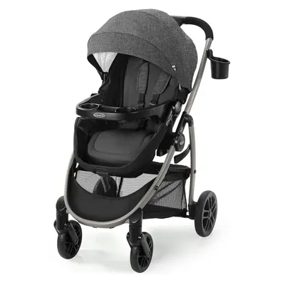 Showcases the complete stroller design, highlighting its modern appearance and key features like the canopy and storage basket.