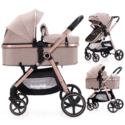 Showcases the stroller's versatility by displaying both the bassinet and upright seat configurations. Demonstrates the different ways the stroller can be used, from newborn to toddler stages.