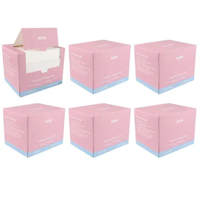 Showcases the product packaging and quantity available, emphasizing the bulk purchase option for facial towels. Displays the retail packaging design and branding, helping customers identify the…