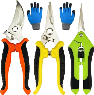 Showcases the complete set of colorful garden tools included in the purchase. Displays all the individual components of the garden tool set, including different types of pruning shears and…