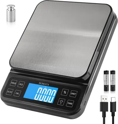 Showcases the sleek, modern design of the digital scale and its precise measurement capabilities. Displays the included accessories like batteries, USB cable, and calibration weight to highlight the…