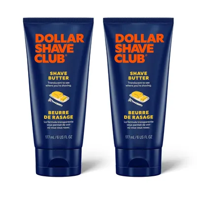 Shows two identical units of the shave butter product to emphasize quantity or value. Displays the product in its retail packaging to showcase branding and product information.