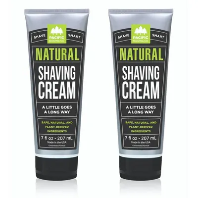 Shows two identical units of the natural shaving cream to emphasize product quantity or value. Displays the product packaging to highlight branding, product information, and natural ingredients.