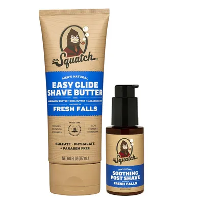 Showcases the complete shaving set with shave butter and post-shave product, emphasizing natural ingredients and skin benefits.