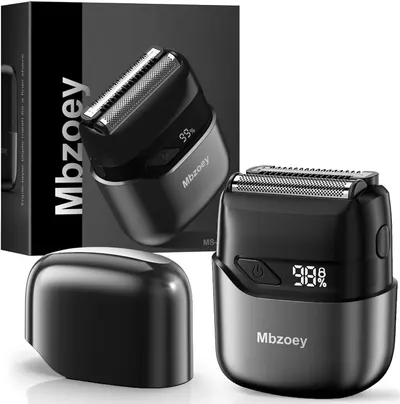 Showcases the sleek design and digital battery display of the electric shaver, highlighting its modern features. Displays the product alongside its retail packaging to convey brand identity and…